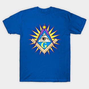 Sq. & Compasses w/All-seeing Eye, G & star On Blue disc T-Shirt